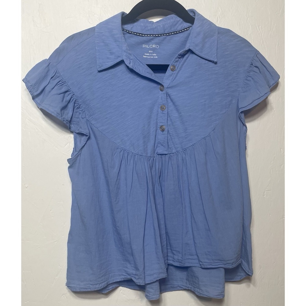 Anthropologie Pilcro Flutter-Sleeve Shirt In Blue Women's Size‎ XXS